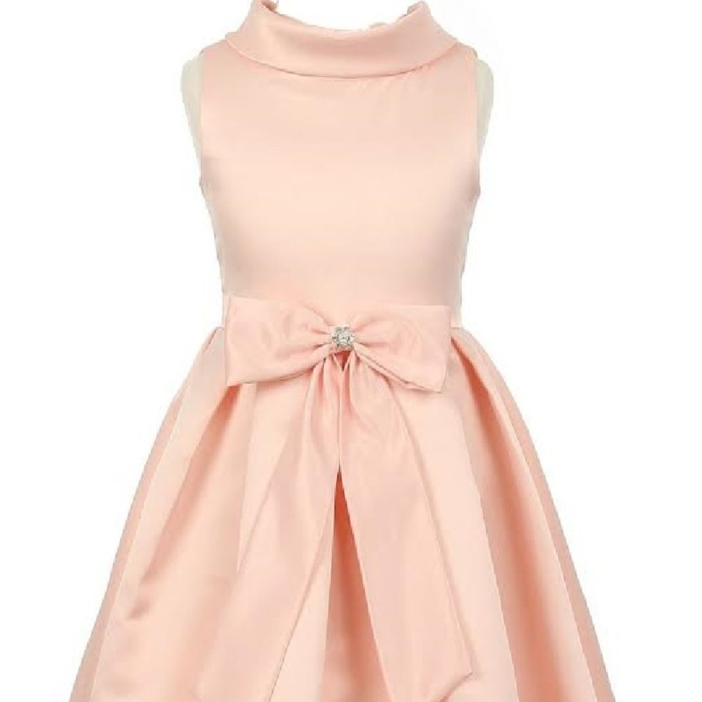 Little Girls Bridal Dull Satin Bow Rhinestone Easter Flowers Girls Dress Peach